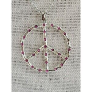 Peace Sign Necklace Purple Rhinestone Danity Beaded Chain Silver Tone Adjustable